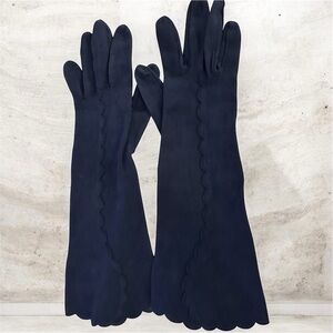 Classic Scalloped Long Women's Gloves Size 7 by Aris - Navy Blue Italy